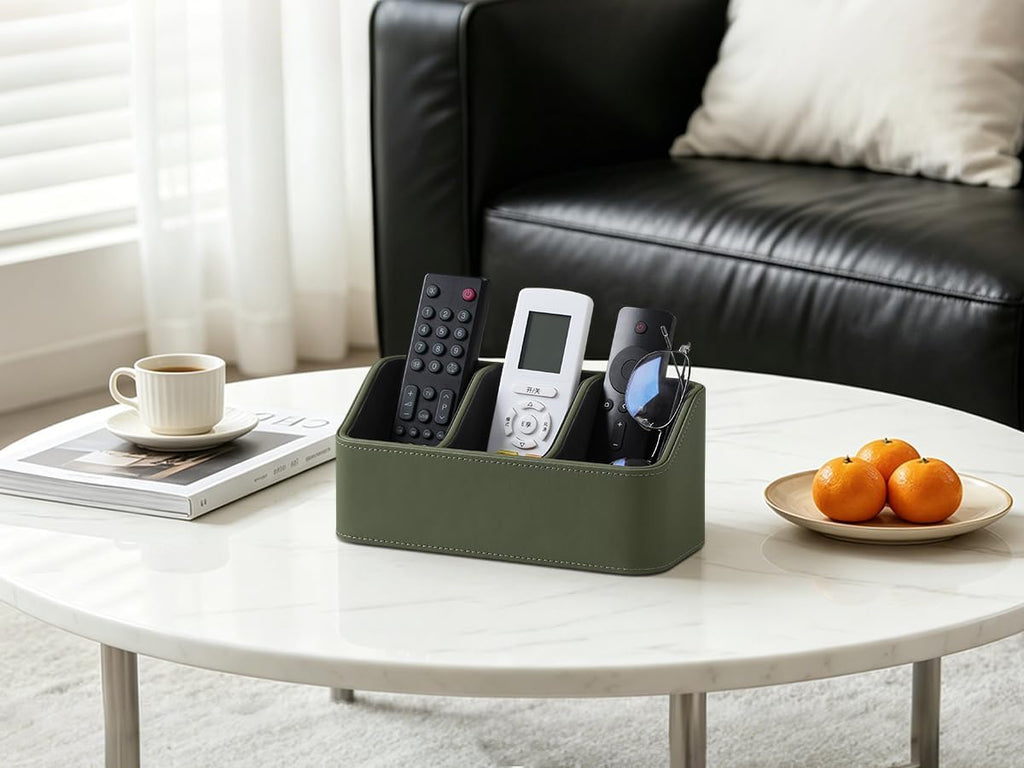 Hole-Free Wall-Mounted PU Leather Remote Control Holder, 3-Compartment Desktop Organizer, Perfect for Living Room, Bedroom, TV Side, Bathroom and More (Green)