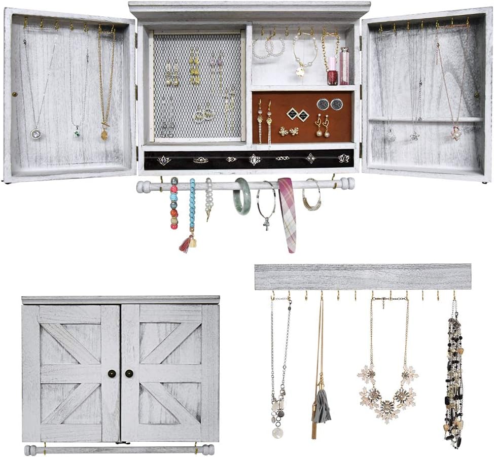 GLANT Rustic Wall Mounted Jewelry Organizer with Wooden Barndoor Decor,Wooden Wall Mount Holder,Jewelry holder for Necklaces, Earings, Bracelets, Ring Holder. (White)