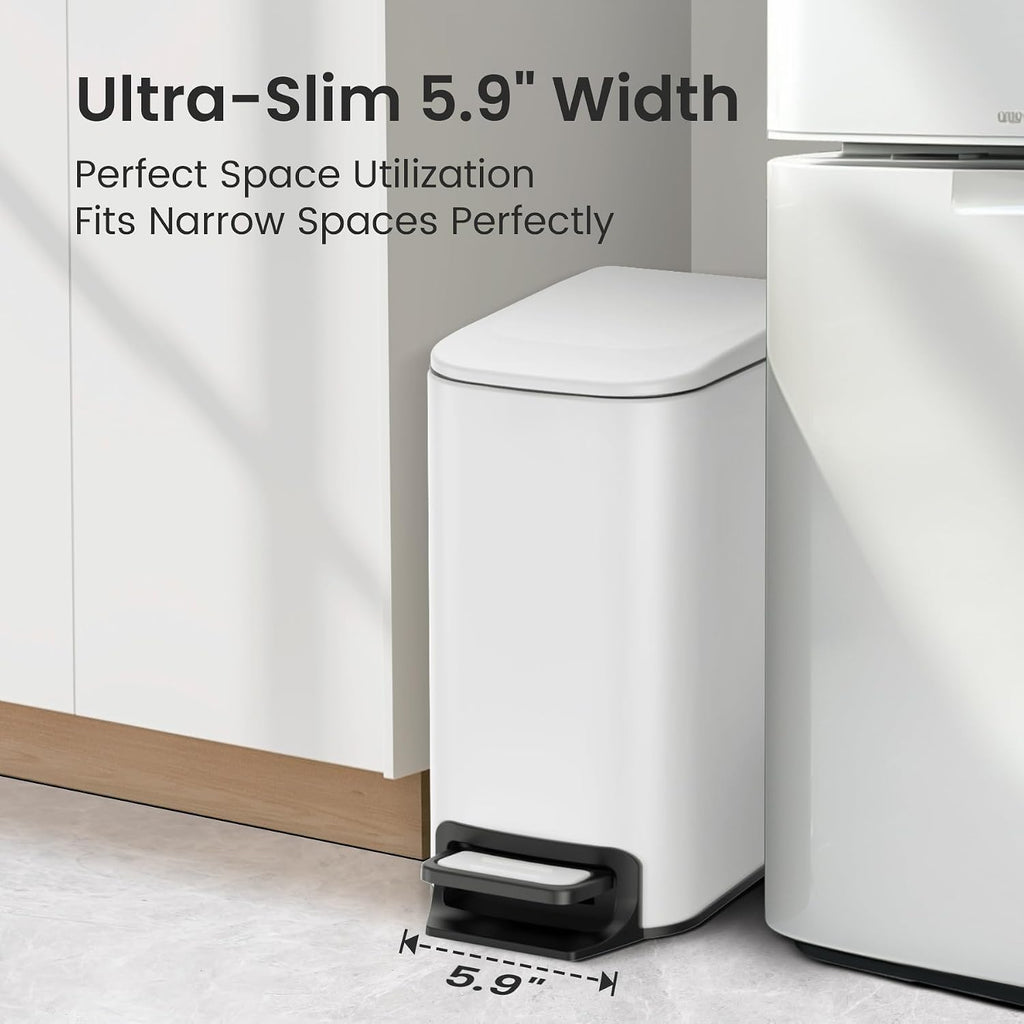 Cesun Small Bathroom Trash Can with Lid, 1.6 Gal, Soft Close, White