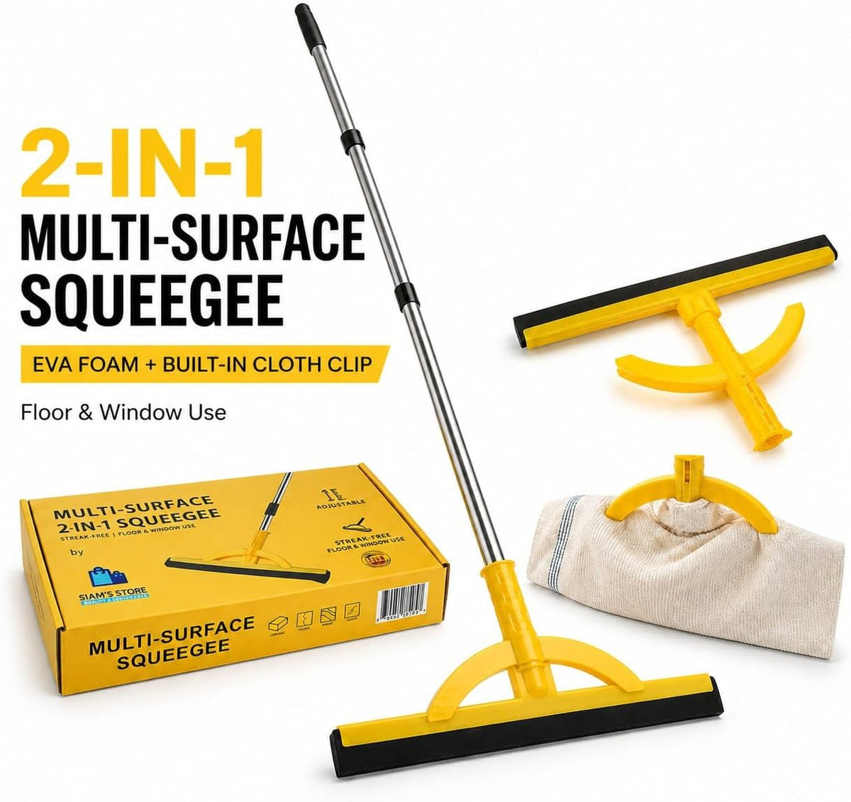 2-in-1 Heavy Duty Floor Squeegee and Water Broom with Telescopic Handle, EVA Foam Blade for Tile, Concrete, Marble, Garage, Patio and Shower Cleaning