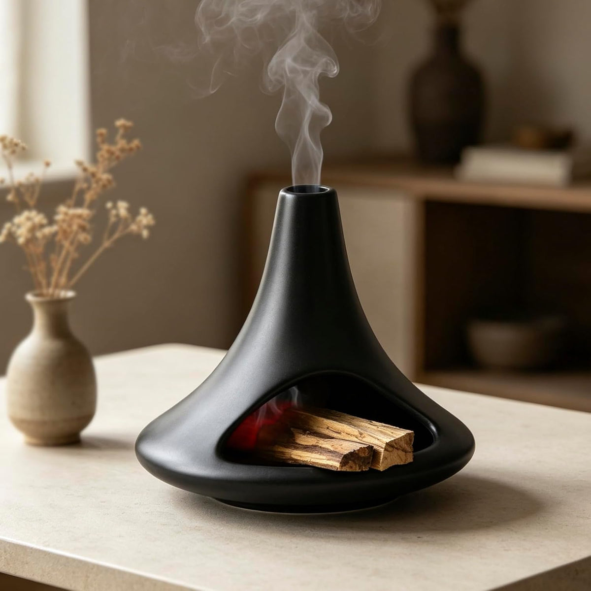 Ceramic Palo Santo Holder Matte Black, Chiminea Shape Mini Smudge Bowl Burner with Ash Catcher for Incense Cones & Candles, Palo Santo Sticks, for Meditation, Yoga, Cleansing Ceremony, Handmade