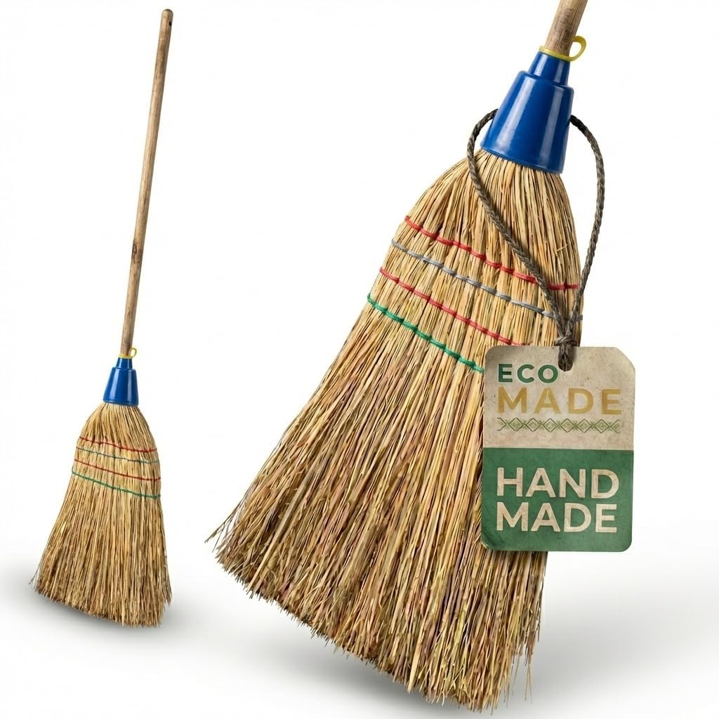 EcoMade Corn Broom Handmade - 56 Inch Heavy Duty Natural Straw