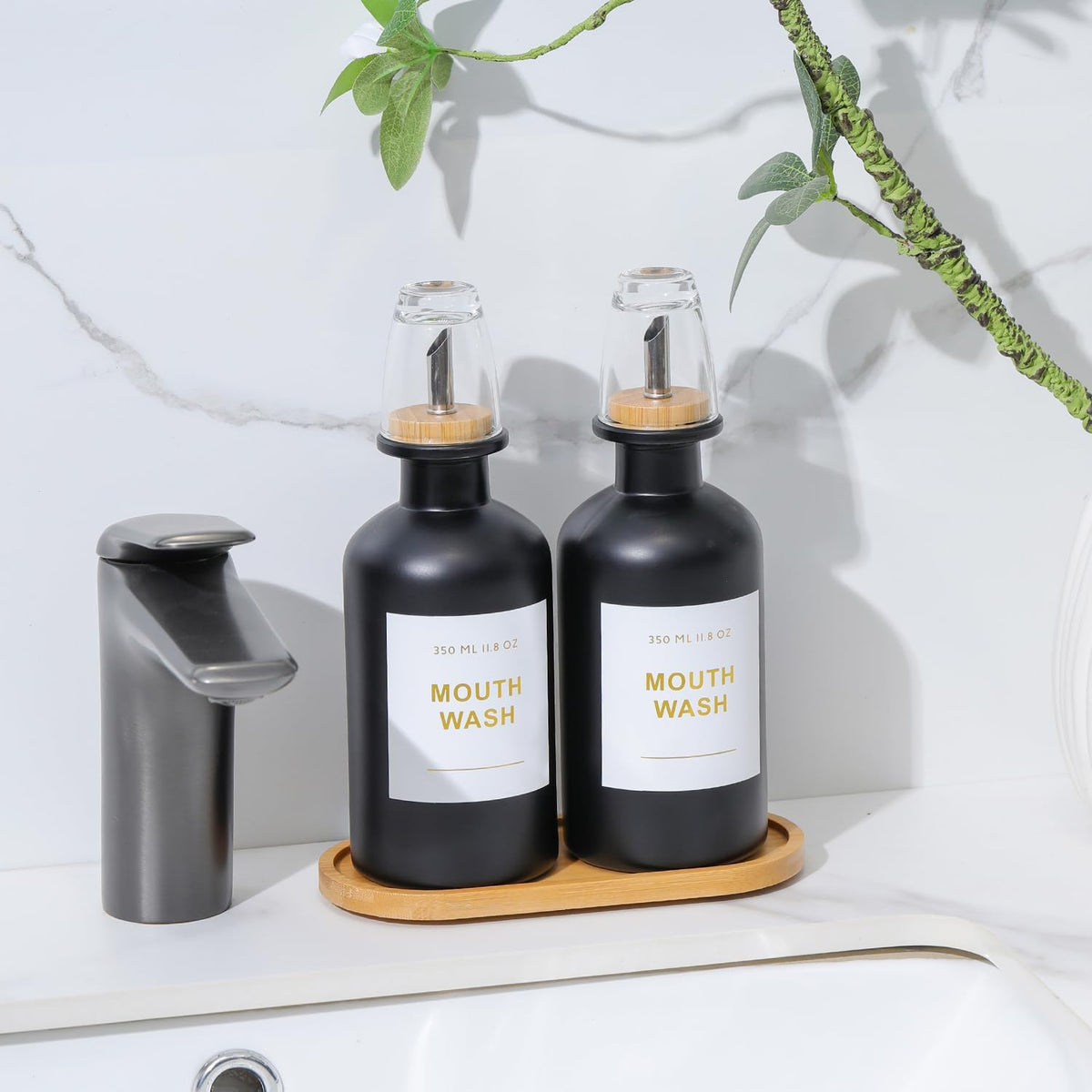 11.8OZ Glass Mouthwash Dispenser, Set of 2, Black