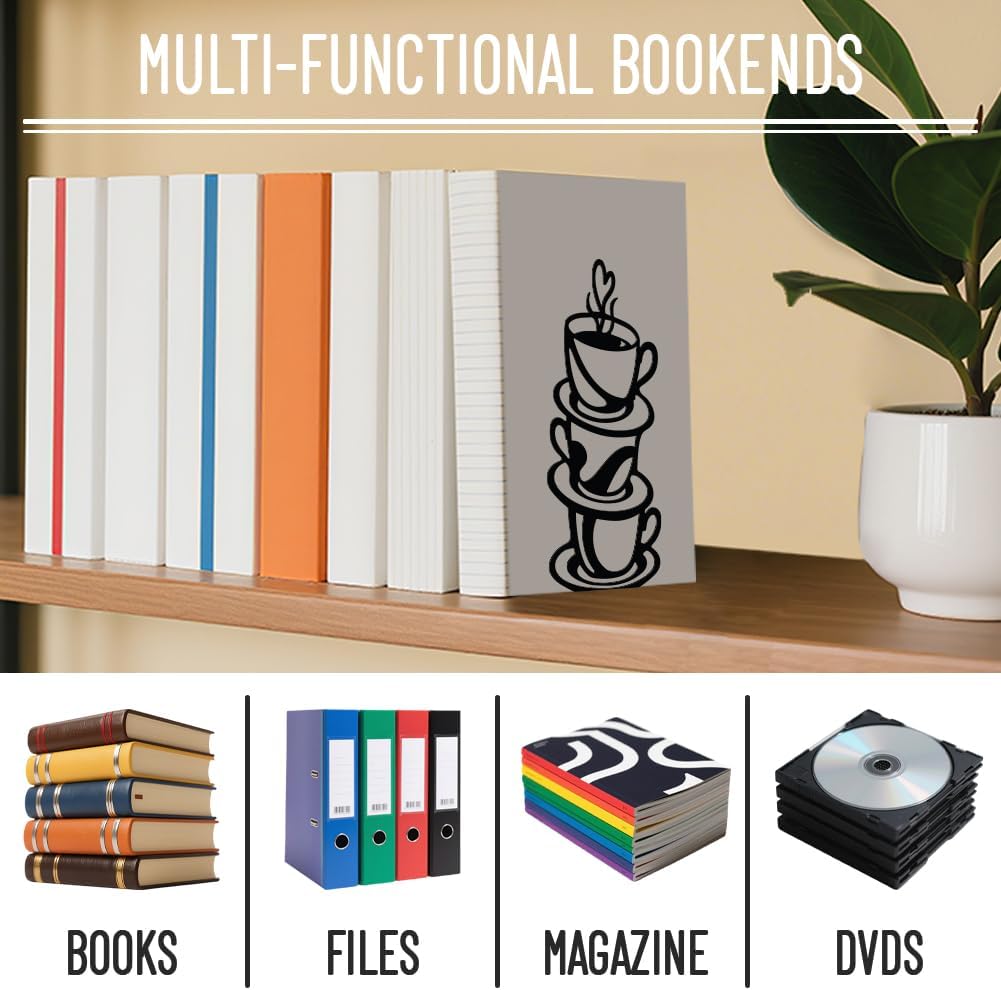 WADORN 1 Pair Coffee Cup & Saucer Metal Decorative Bookend for Shelves, Heavy Duty Book Ends Modern Non-Skid Books Holder Stand Black Book Support Stoppers for Office Desk Bookshelf, 5.3x4.3x7.8 Inch