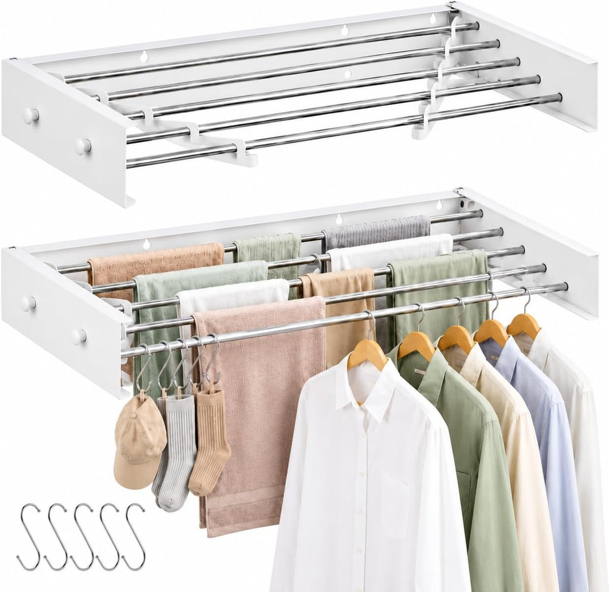 Wall Mounted Drying Rack Stainless Steel 31.5", Foldable Clothes Drying Rack with 4 Hooks & 5 Rods, Heavy Duty Outdoor Indoor Clothes Drying Rack for Apartment Bathroom Balcony Laundry Room