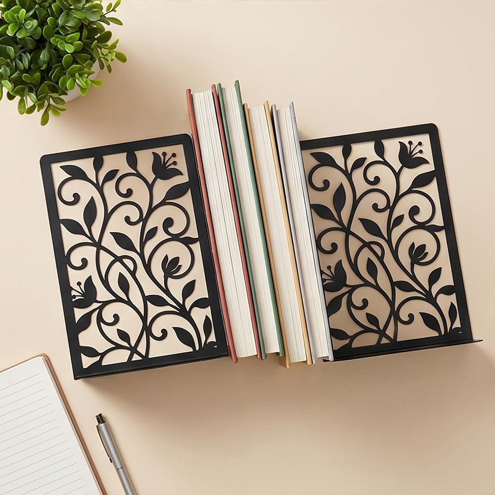 Flower Vine Twining Iron Metal Bookends for Shelves Elegant Book Ends Decorative Books, Desk Organizer Bookend for Book Display, Non-Slip Bookend for Library Office Home Decor