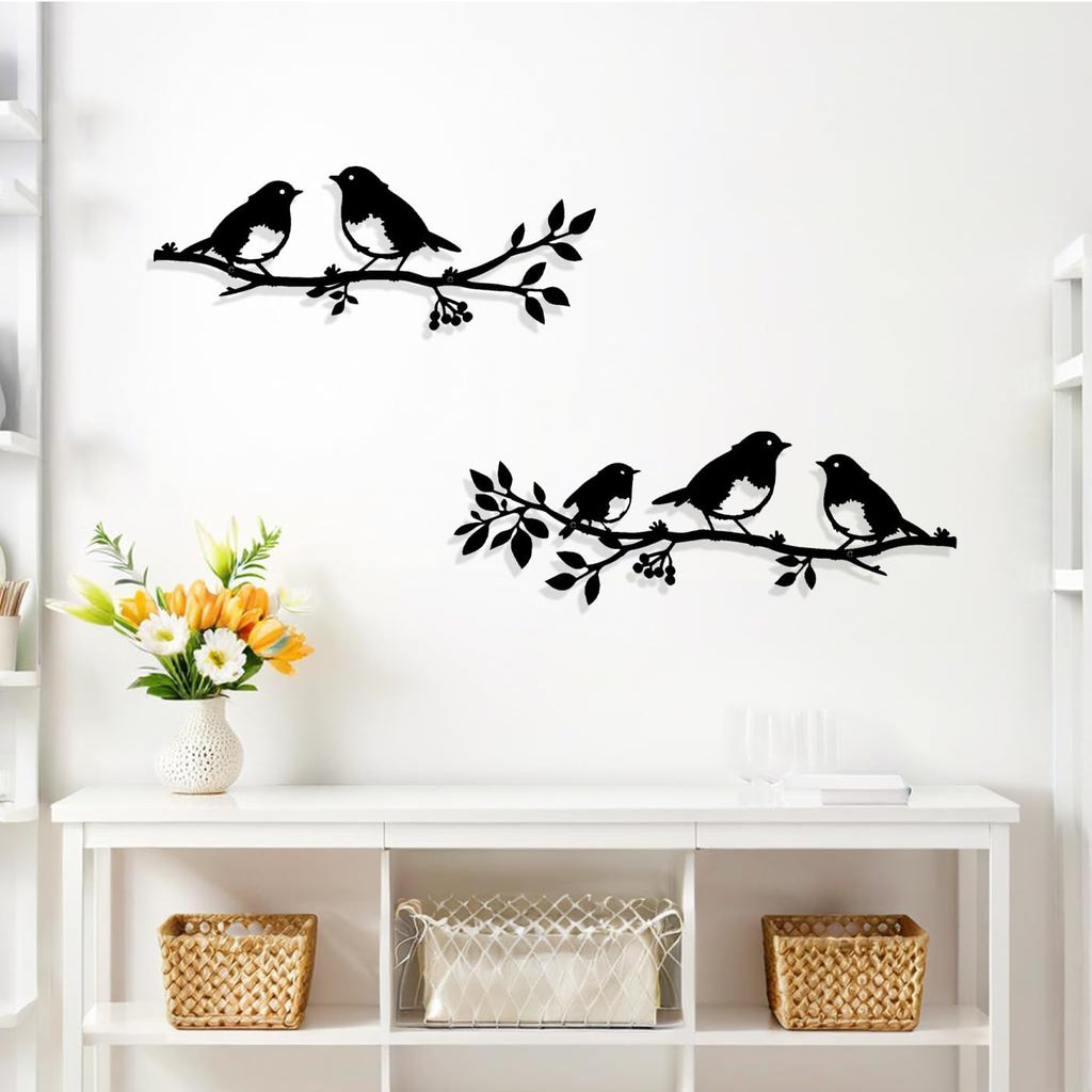 Harikikochuu 2pcs Metal Birds Wall Art Birds on Branch Silhouette Art Rustic Robin Garden Decor Metal Leaf Wall Sculpture for Outdoor Porch Balcony Housewarming Gift Mother's Day Present.
