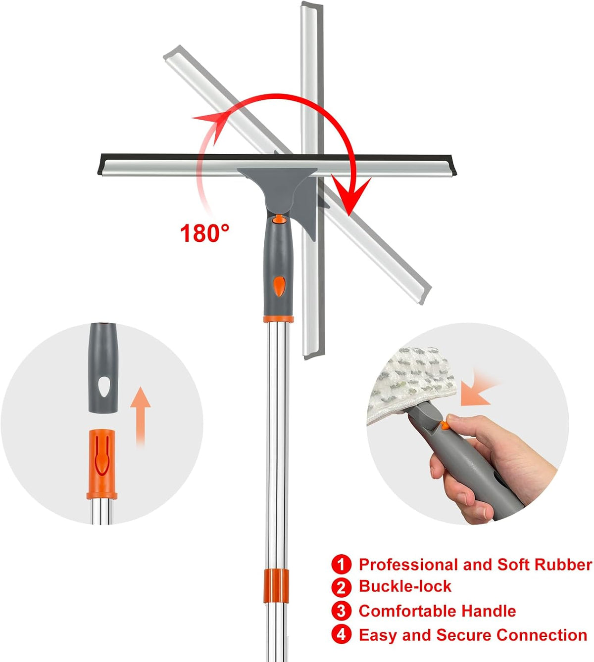 BITOPE Window Cleaner Tool Squeegee for Window Cleaning with 86" Extendable Pole Microfiber & Chenille Pad Squeegy for Exterior High Window Shower Door Glass Car RVs