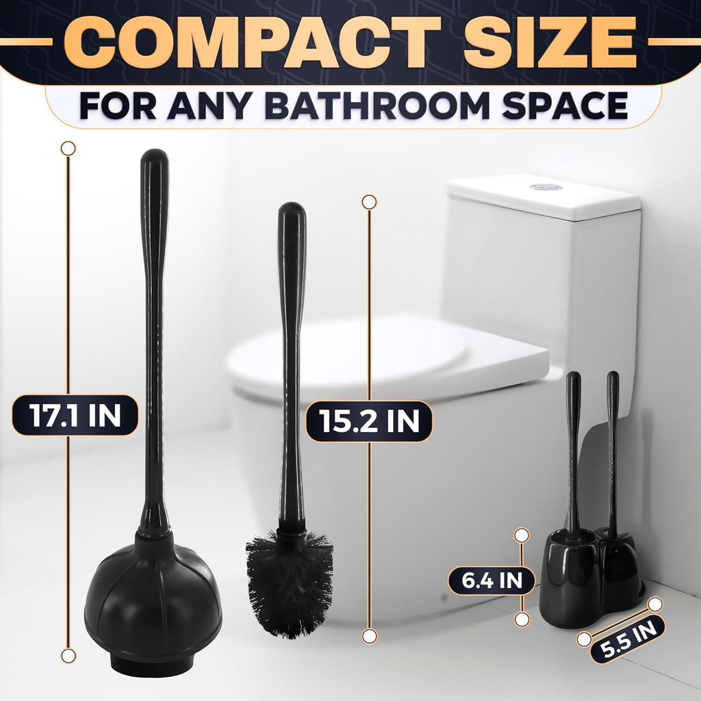 2-in-1 Black Toilet Brush and Plunger Set with Holder, 6.4×5.5×17.1 in