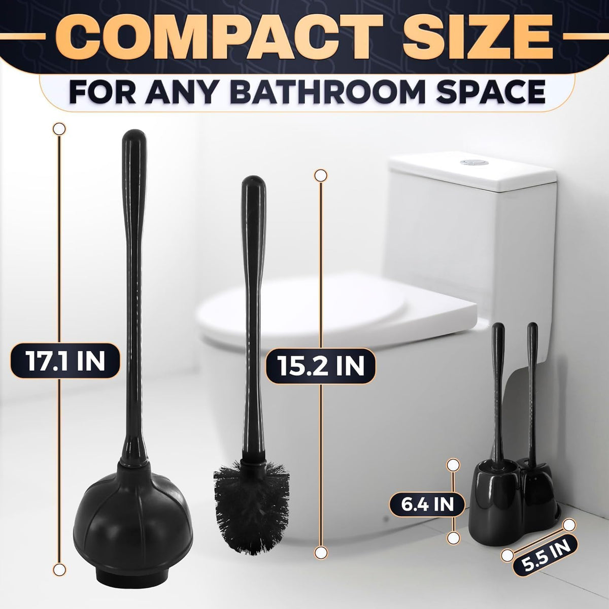 2-in-1 Black Toilet Brush and Plunger Set with Holder, 6.4×5.5×17.1 in