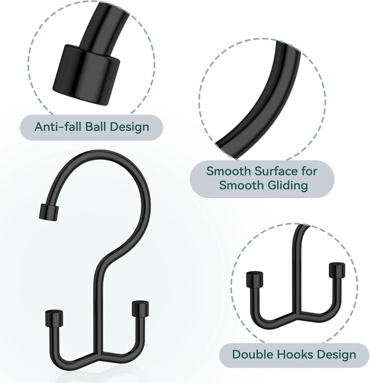 Goowin Shower Curtain Hooks, Shower Curtain Rings, Durable Black Shower Curtain Hooks Rust Proof, Shower Rings for Curtain, Double Glide Shower Hooks for Shower Curtain, Black, 24 Pack-Cylinders
