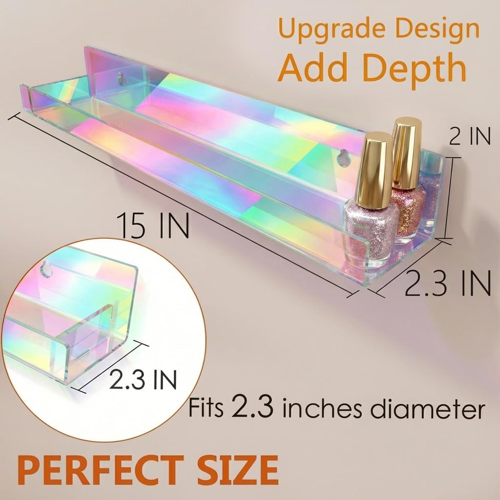 4 Pack 15 Inch Iridescent Acrylic Floating Wall Shelves, Rainbow Shelves