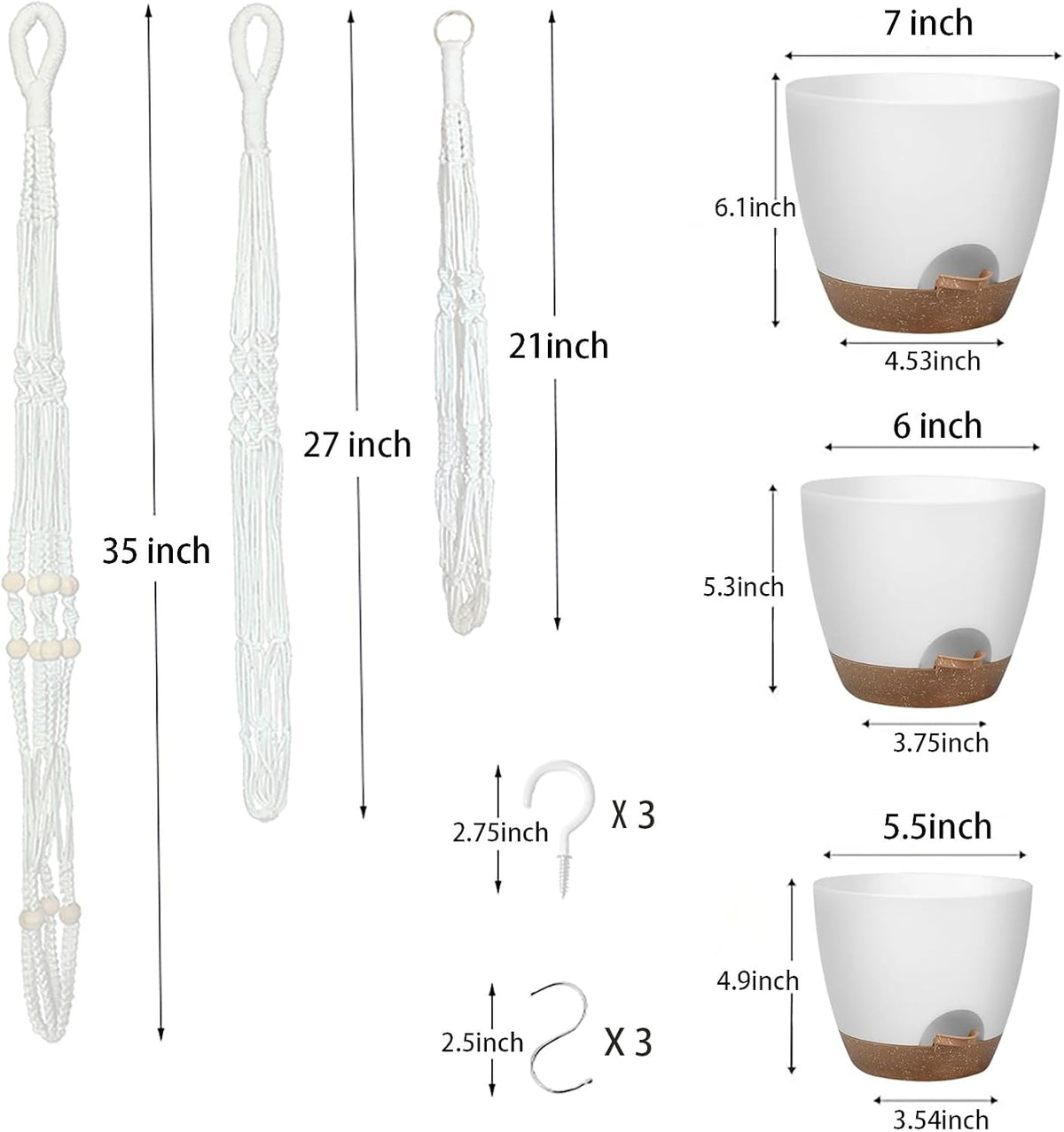 Hanging Planters with Macrame Plant Hangers for Indoor Outdoor Plants, 3 Set Hanging Baskets Flower Pots Holders 35''/27''/21'', Self-Watering Pots 7''/6''/5.5'', Boho Home Decor, White