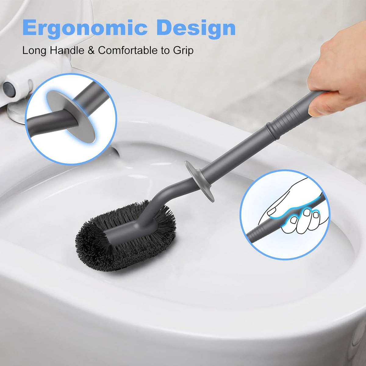 HAMITOR Toilet Bowl Brush Holder Set: Curved Design with Holder for Deep Cleaning Under Rim - Compact Hidden Cleaner Scrubber for Small Space - Home RV Bathroom Accessories - Gray 2 Pack