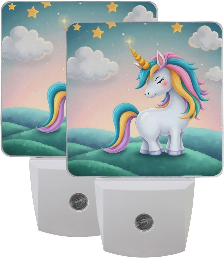 Plug-in LED Night Light Lamp Cute Unicorn Printing with Dusk to Dawn Sensor for Bedroom, Bathroom, Hallway, Stairways, 0.5W-2 Pack