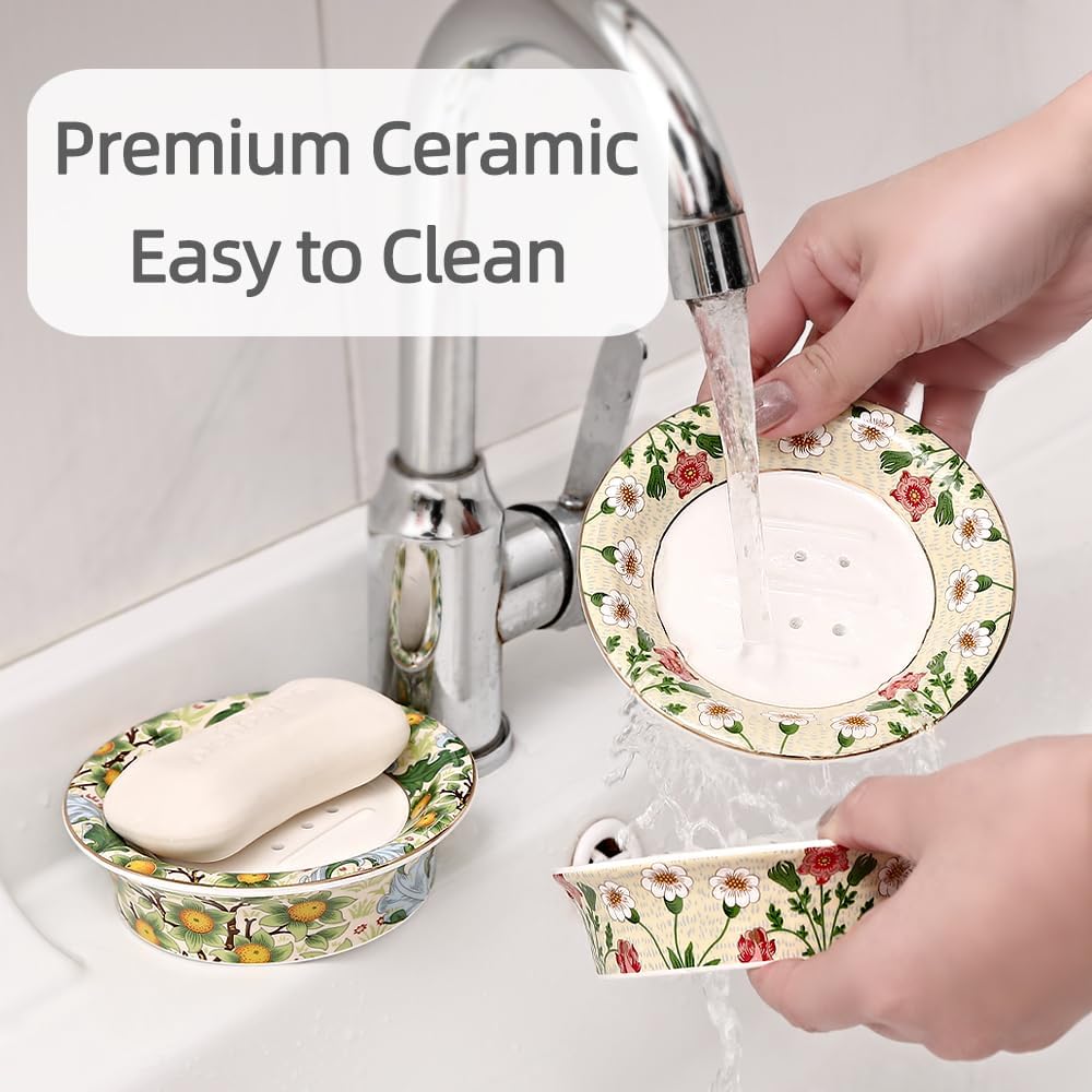 Floral Self Draining Soap Dish, Vintage Round Soap Tray(Style B)