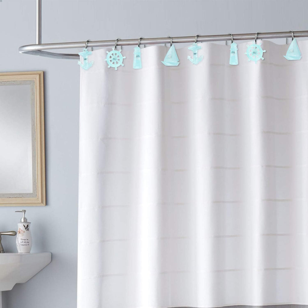 Nautical Shower Curtain Hooks, Tropical Ocean Style Blue Anchor, Rudder, Sailboat, and Lighthouse, Glow in The Dark Summer Bathroom Decor Accessories, Fun Voyage Unique Sea Theme