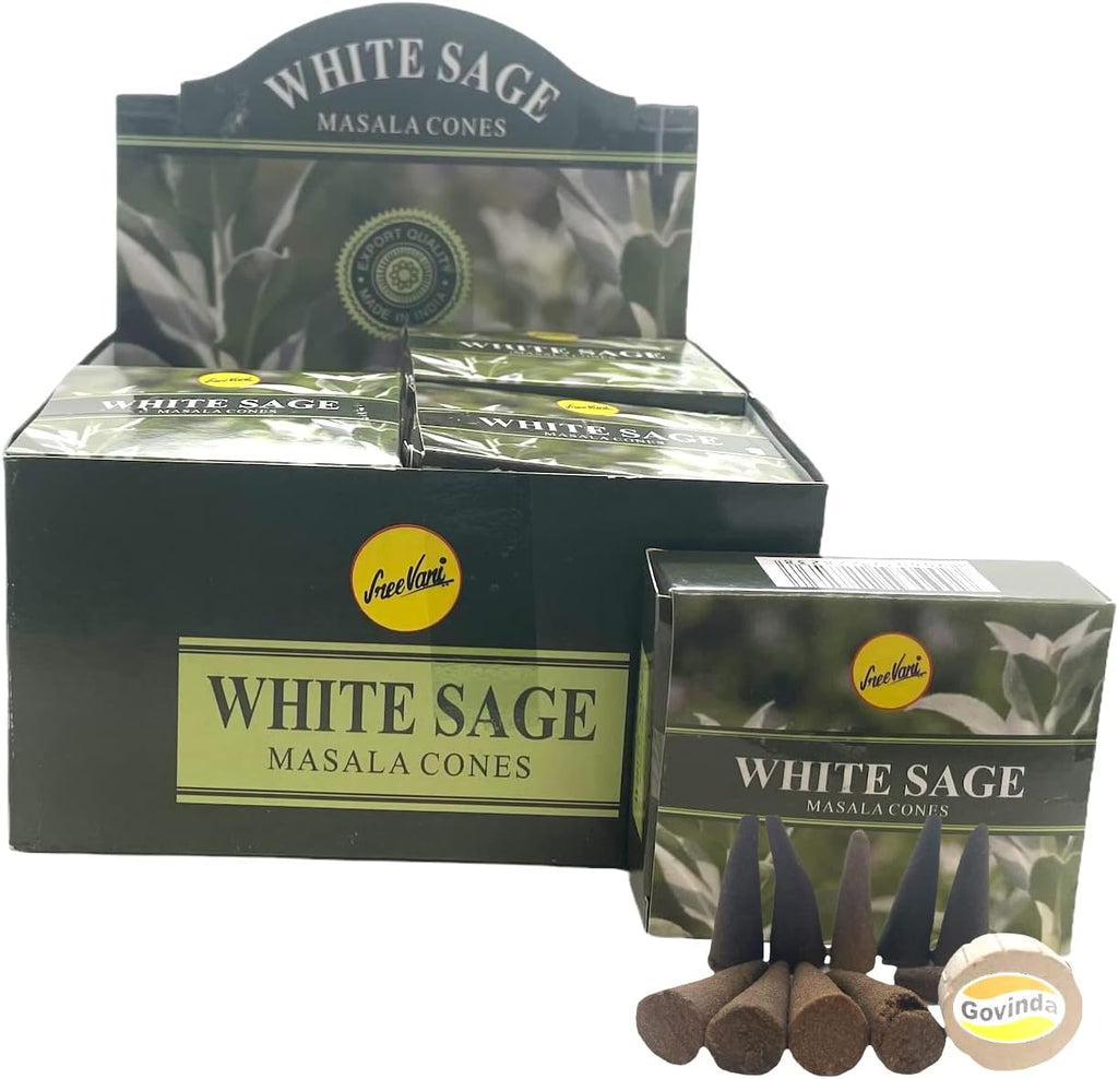 Sreevani Natural Masala Incense Cones and Holder Bundle, 120 Cones Total, White Sage