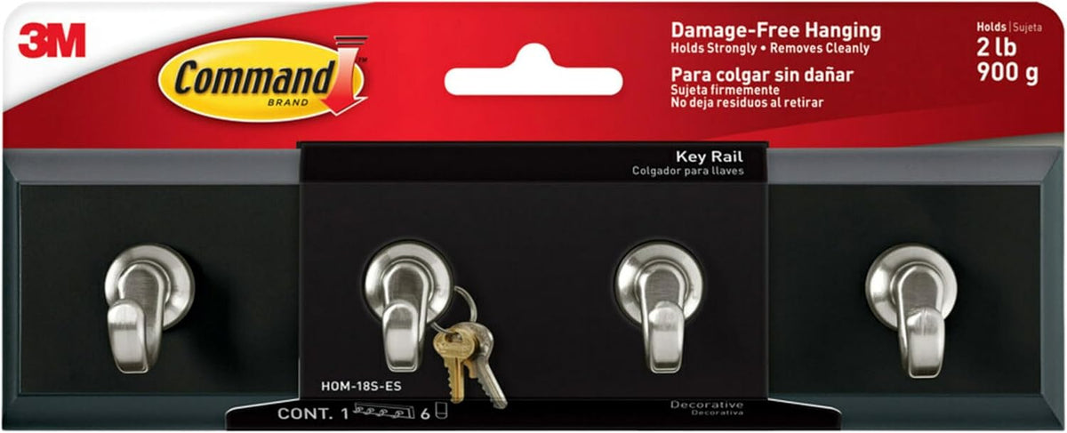 Command Key Rail, 8-inch Rail with 4 Key Hooks and 6 Strips, Quartz, Removable Key Hooks for Entryway or Hallway, Hang Keys, Hats, Dog Leashes, and Accessories, Holds up to 2 lb
