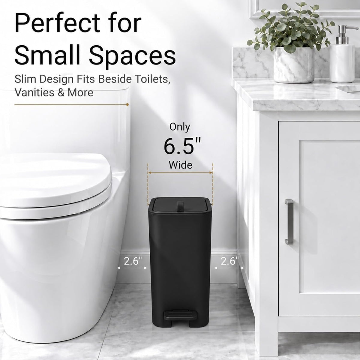 Small Bathroom Trash Can with Lid, Slim Garbage Can, 2.1 Gallon, Black