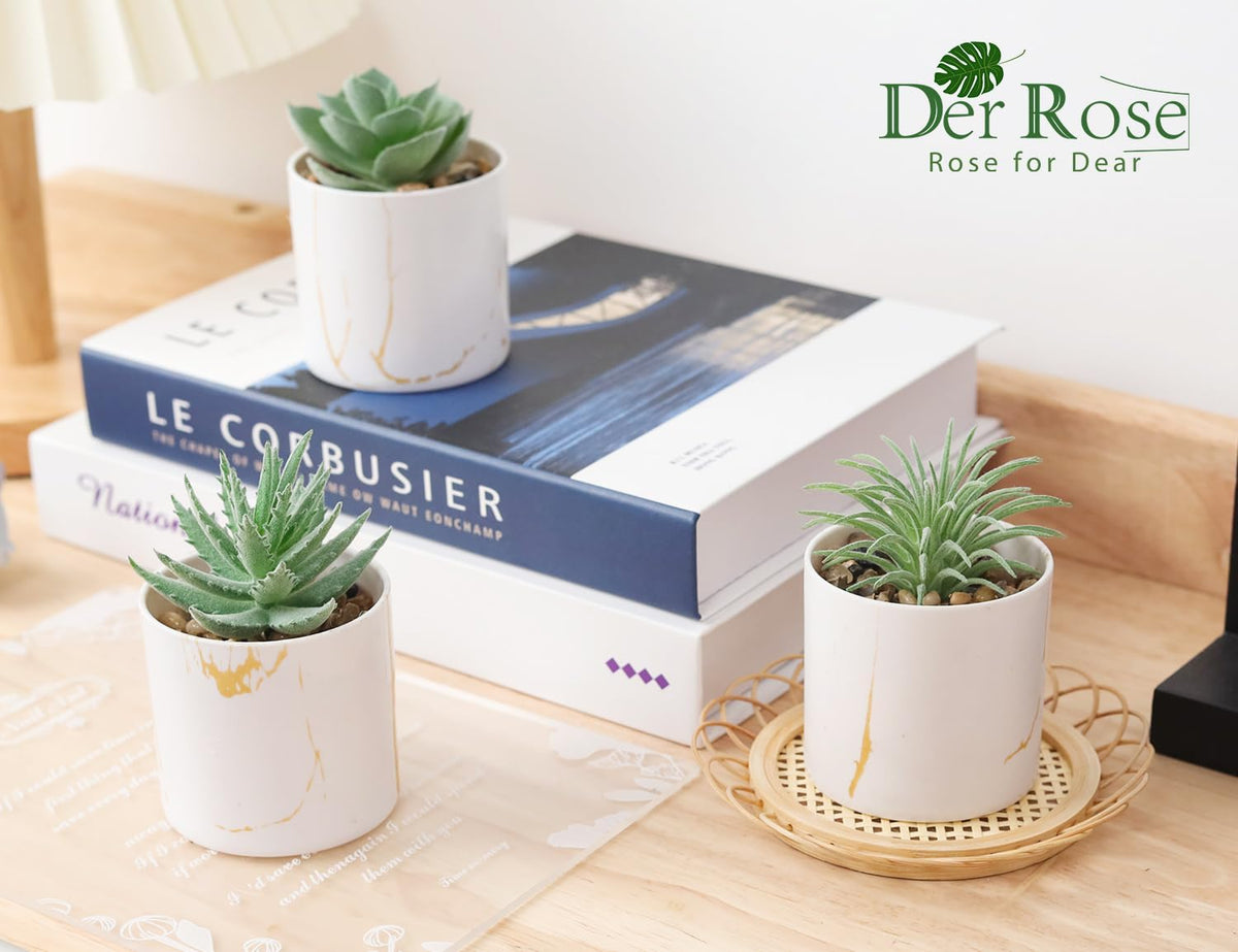 Der Rose 3 Pack Fake Succulent Plants in Gold Accent Pots for Desk Decor