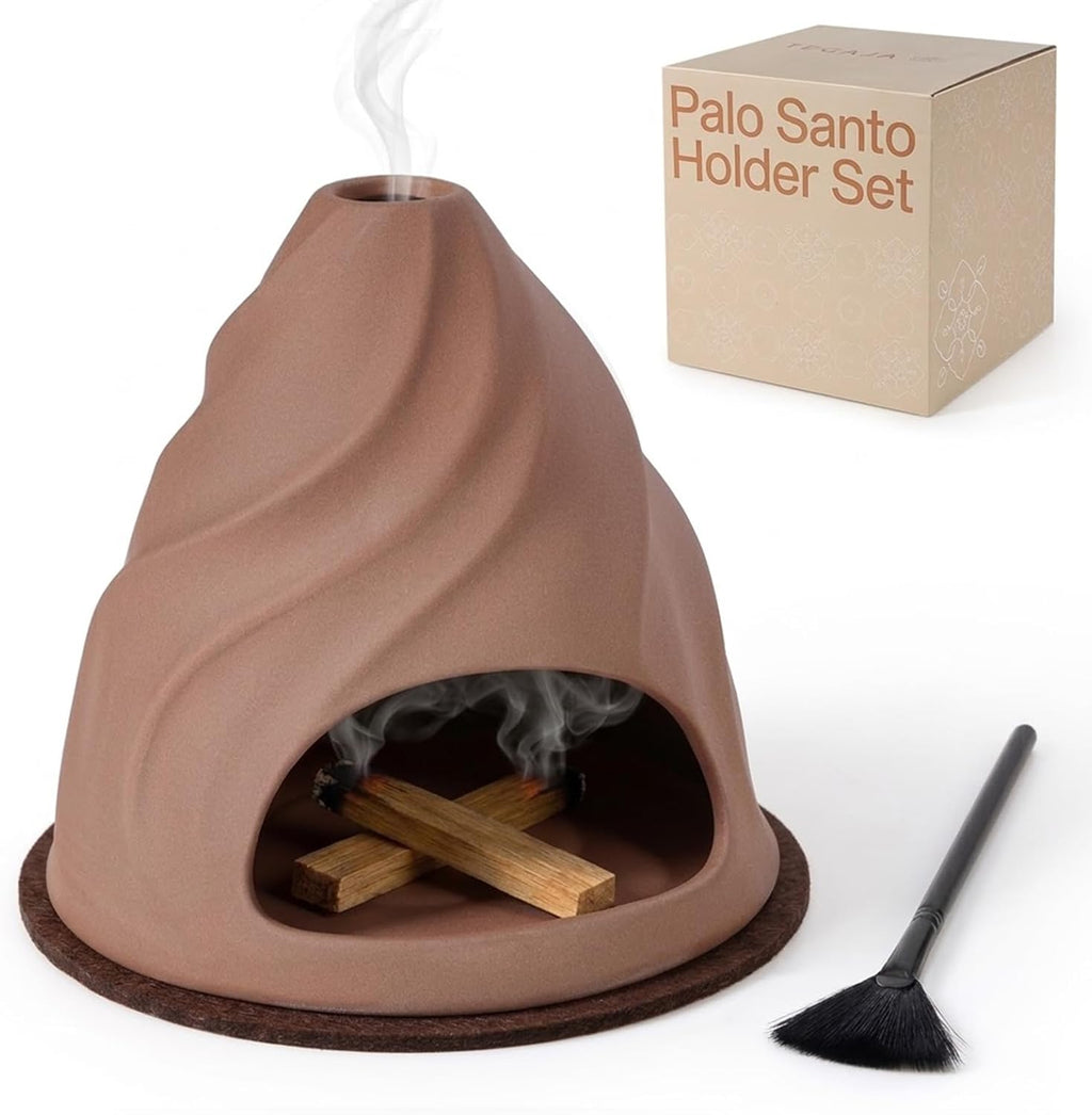 Palo Santo Holder, Ceramic Dune-Inspired Tactile Burner with Felt Pad and Fan Brush, Multi-Use Incense Holder for Palo Santo Sticks and Smudge Sage, Meditation and Home Decor - Terracotta