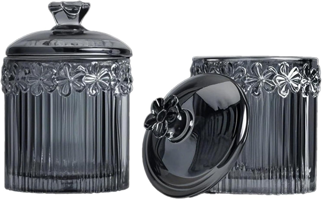 2 Pack Qtip Holder Thick Glass Apothecary Jars with Lid for Bathroom, Cotton Swab and Round Organizer, Vanity Storage Canisters for Makeup Pads, Floss (Gray)