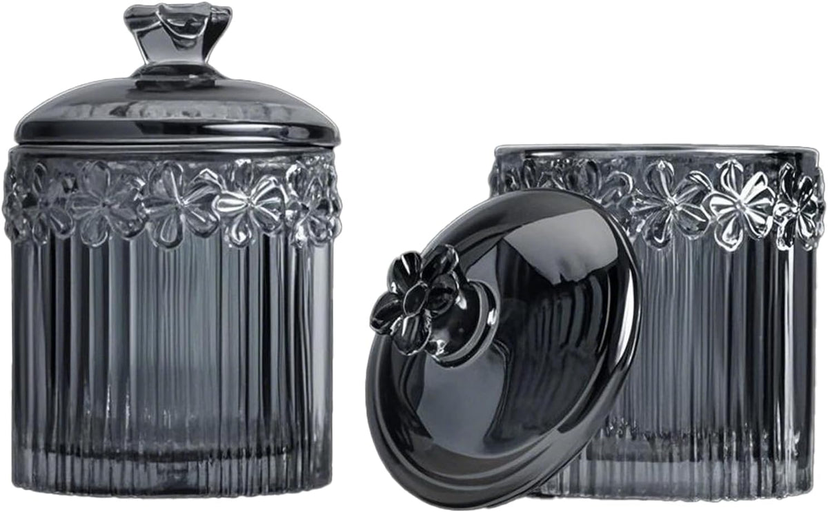 2 Pack Qtip Holder Thick Glass Apothecary Jars with Lid for Bathroom, Cotton Swab and Round Organizer, Vanity Storage Canisters for Makeup Pads, Floss (Gray)