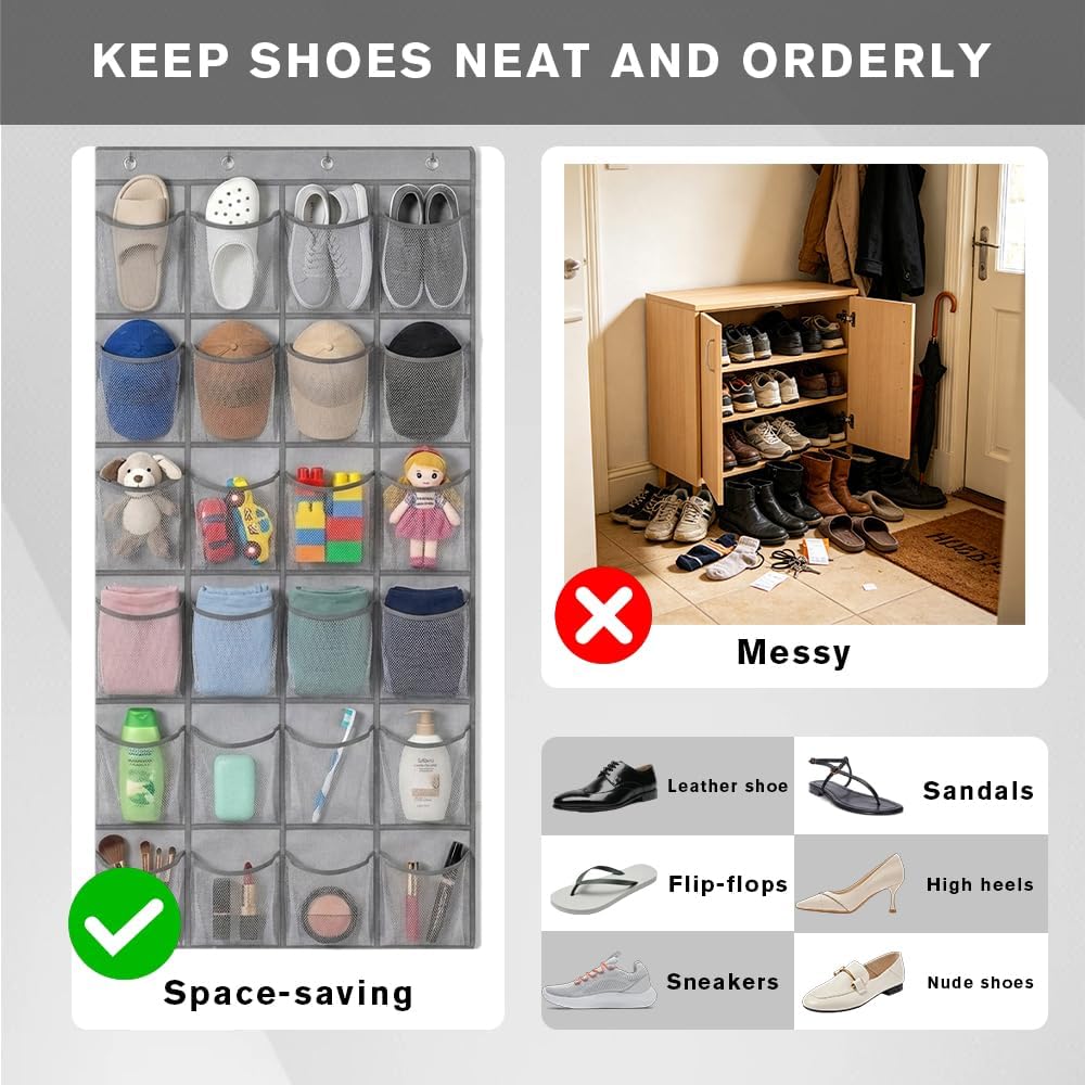 24 Pockets Over the Door Shoe Organizer, Breathable Mesh Hanging Shoe Rack