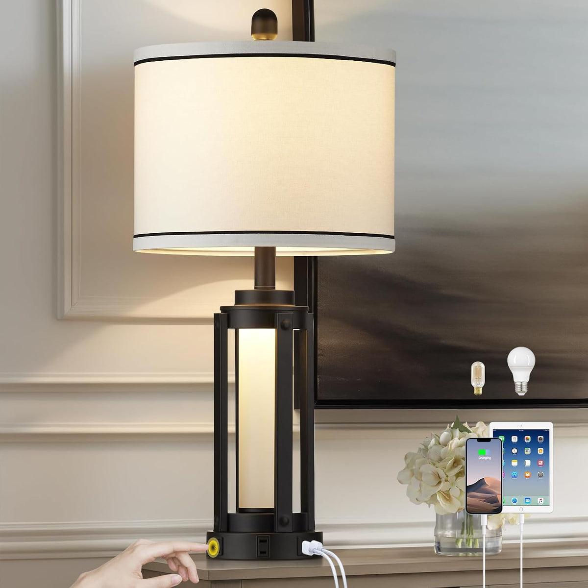 26" Modern Table Lamp with USB A+C Charging Ports & AC Outlet, Industrial Beside Contemporary Lamp Glass LED Night Light for Living Room Bedroom Nightstand End Table Single Black(2 Bulbs Included)