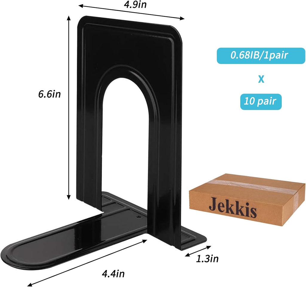 Metal Bookends 20 Pack Black Heavy Duty Nonskid Supports 6.6in | Black Metal, 10 Pairs, Plain L-Shape Design, Nonskid Supports, for Heavy Books Home Office School and Library Shelves