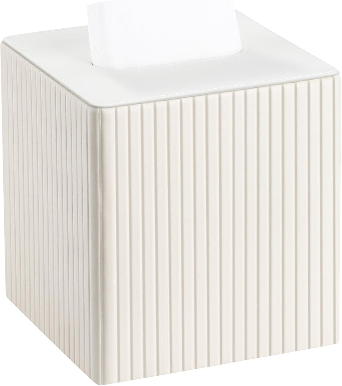 KINGFOM Square Pu Leather Tissue Box Cover, Modern Facial Tissue Holder, Roll Tissues Paper Case Dispenser for Bathroom Vanity Countertop, Night Stands, Office Desk (Off-White Strips)