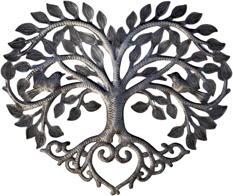 It's Cactus Metal Heart Shaped Tree of Life Decor, Wall Hanging Artwork, Handmade in Haiti, Celtic Family 17 X 16 Inches