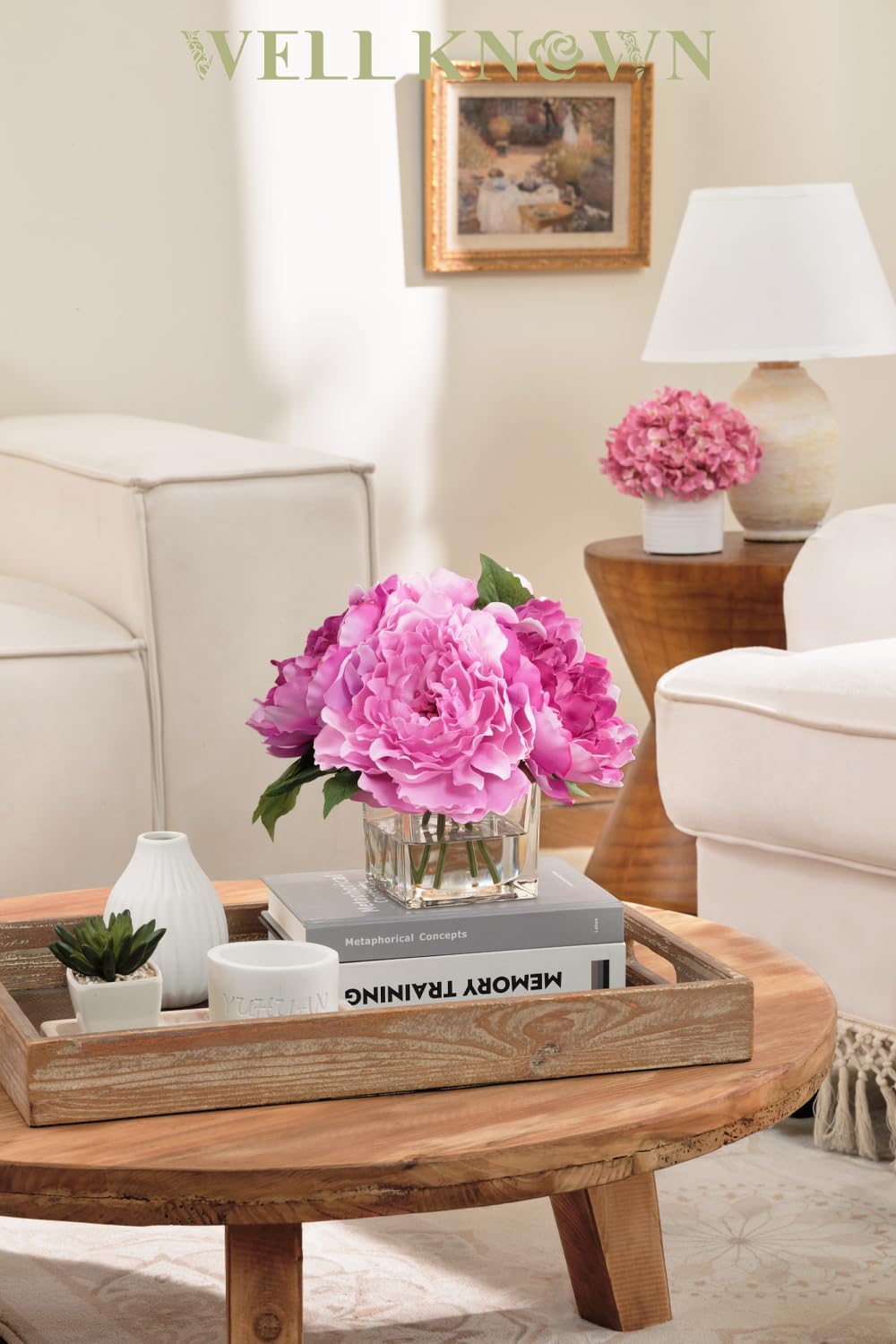 Artificial Peonies Flowers Arrangements in Cube Glass Vase, WELLKNOWN Silk Flower Centerpieces for Dining Room Table, Coffee Table Decor, Faux Peony Flowers with Faux Water (Bicolor Purple)