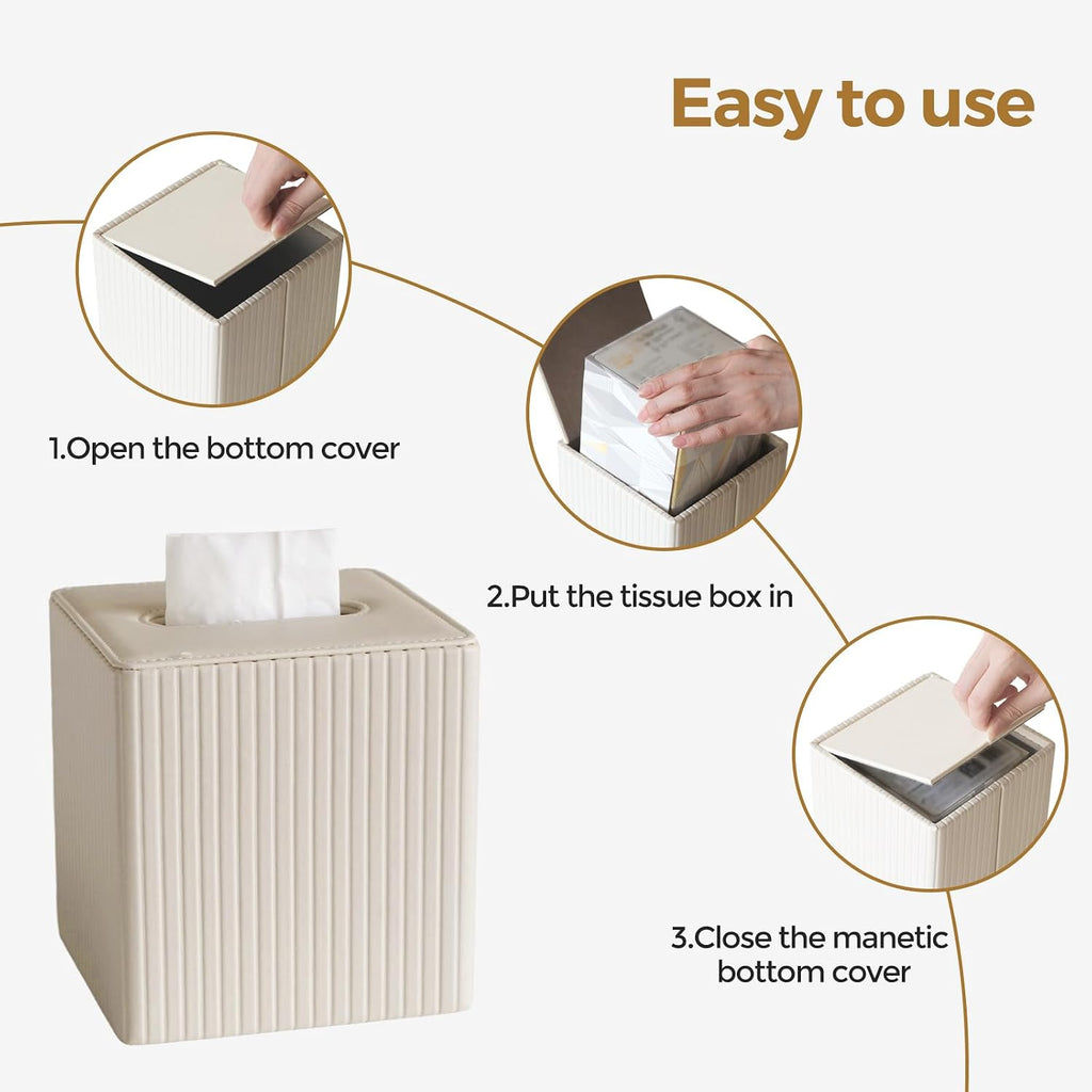 2 PC Leather Ivory White Tissue Box Cover, Square Tissue Box Holder Compatible with Kleenex for Bathrooms