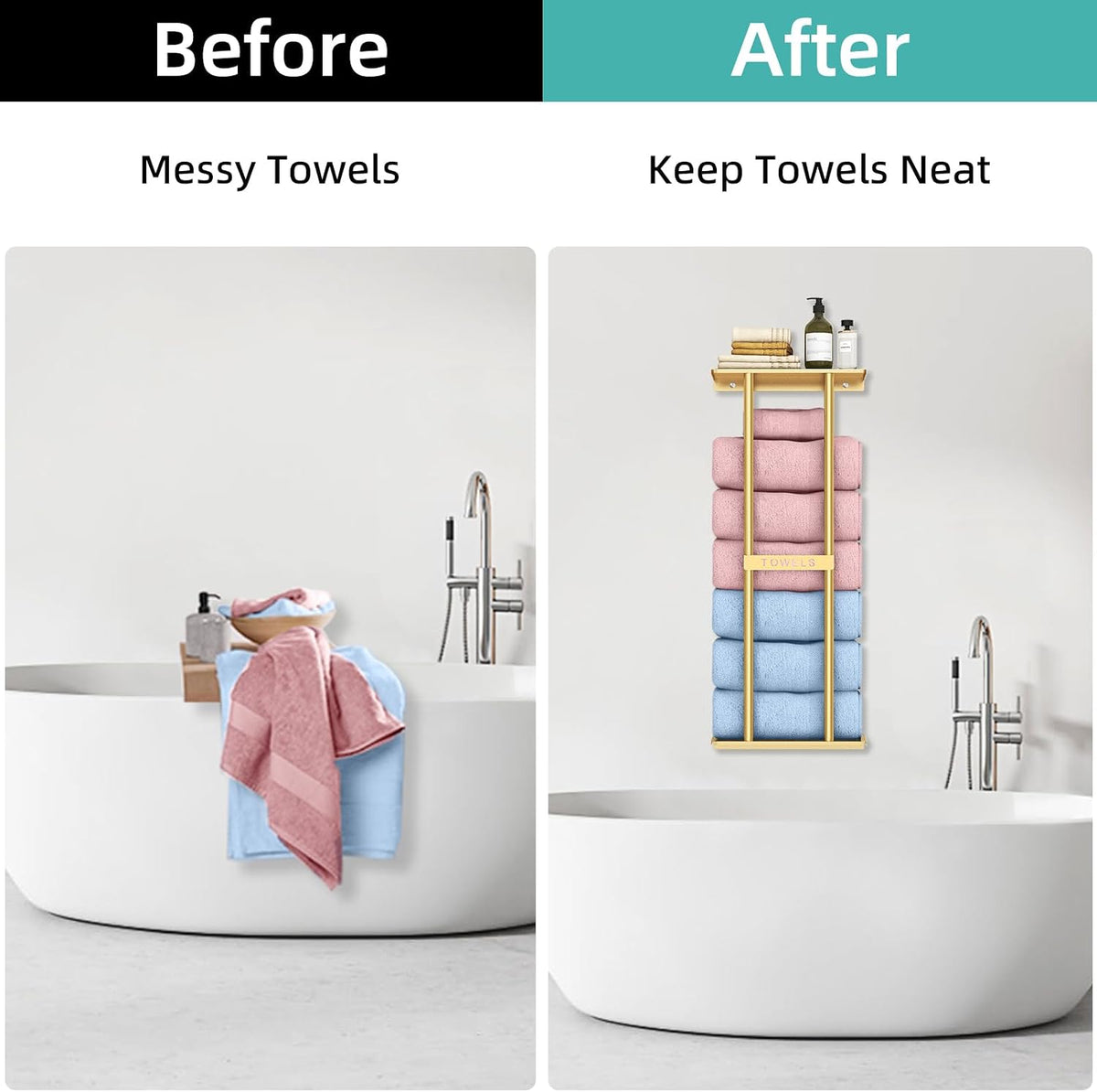 STWWO Bathroom Towel Storage Rack for Bathroom, 30 inch Towel Racks Wall Mounted with Shelf Can Holds 6 Large Towels, Wall Towel Rack for Rolled Towels, Gold