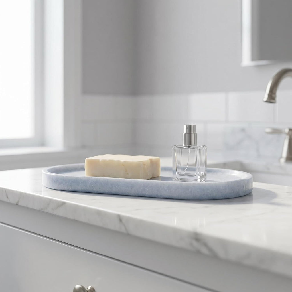 Natural Brazilian Blue Crystal Decorative Tray–12x6 Inch Translucent Stone/Marble-Style Bathroom Countertop Tray–Elegant Tray for Vanity, Perfume, Candles, and Jewelry–Durable Bathroom Countertop Tray