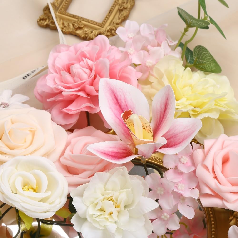 Artificial Pink Flower Box Arrangement, Fake Silk Rose Hydrangea Orchid Eucalyptus Greenery Floral Centerpiece, Artificial Flowers Gift Box for Wedding Bridal Shower Home Table Decor