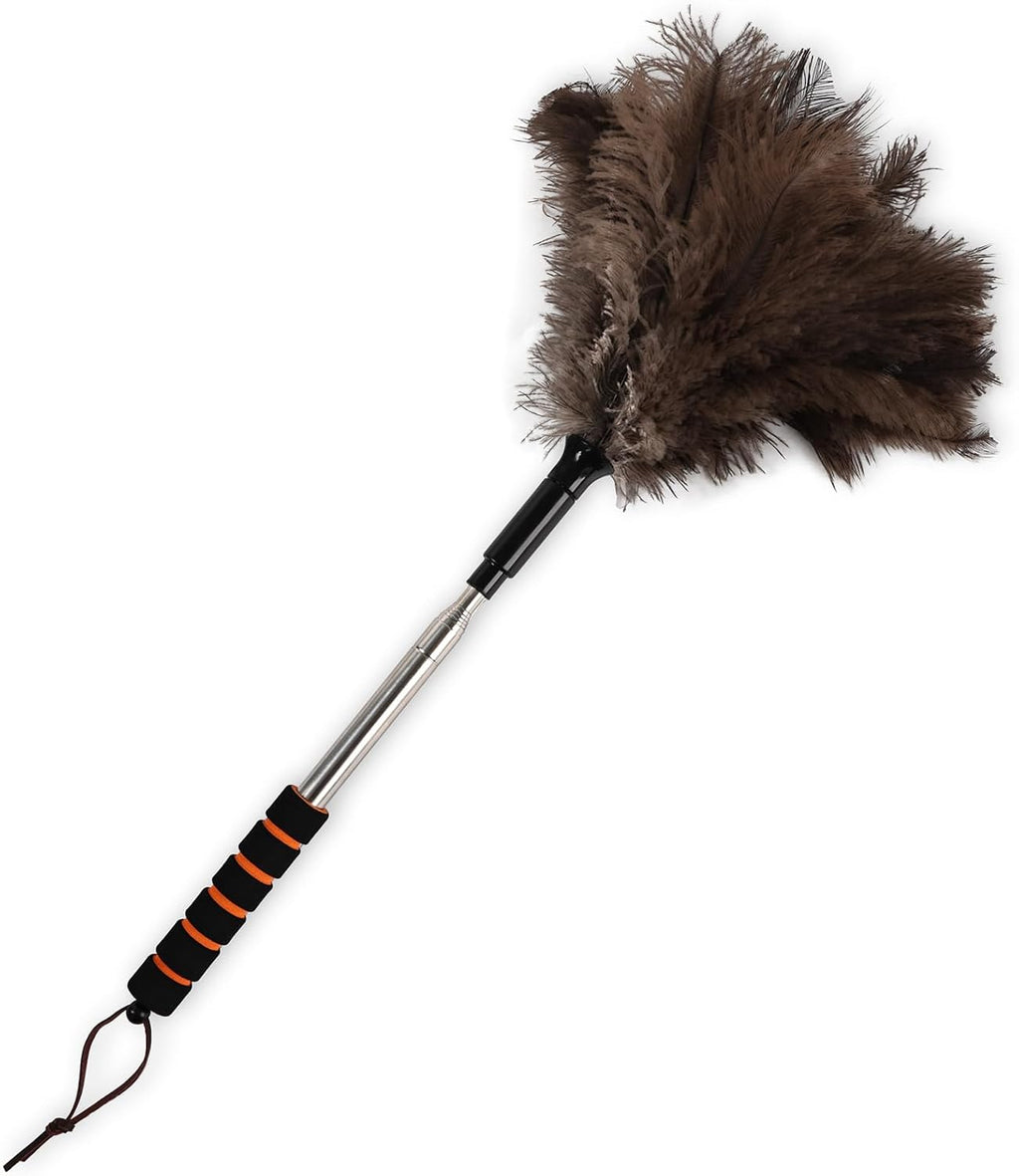 Extendable Ostrich Feather Duster 26-55 Inch, Natural Cleaning Duster with Sponge Grip and Stainless Steel Extension Pole Reusable for High Ceilings, Fans, Blinds, Furniture, Interior & Roof Dusting.