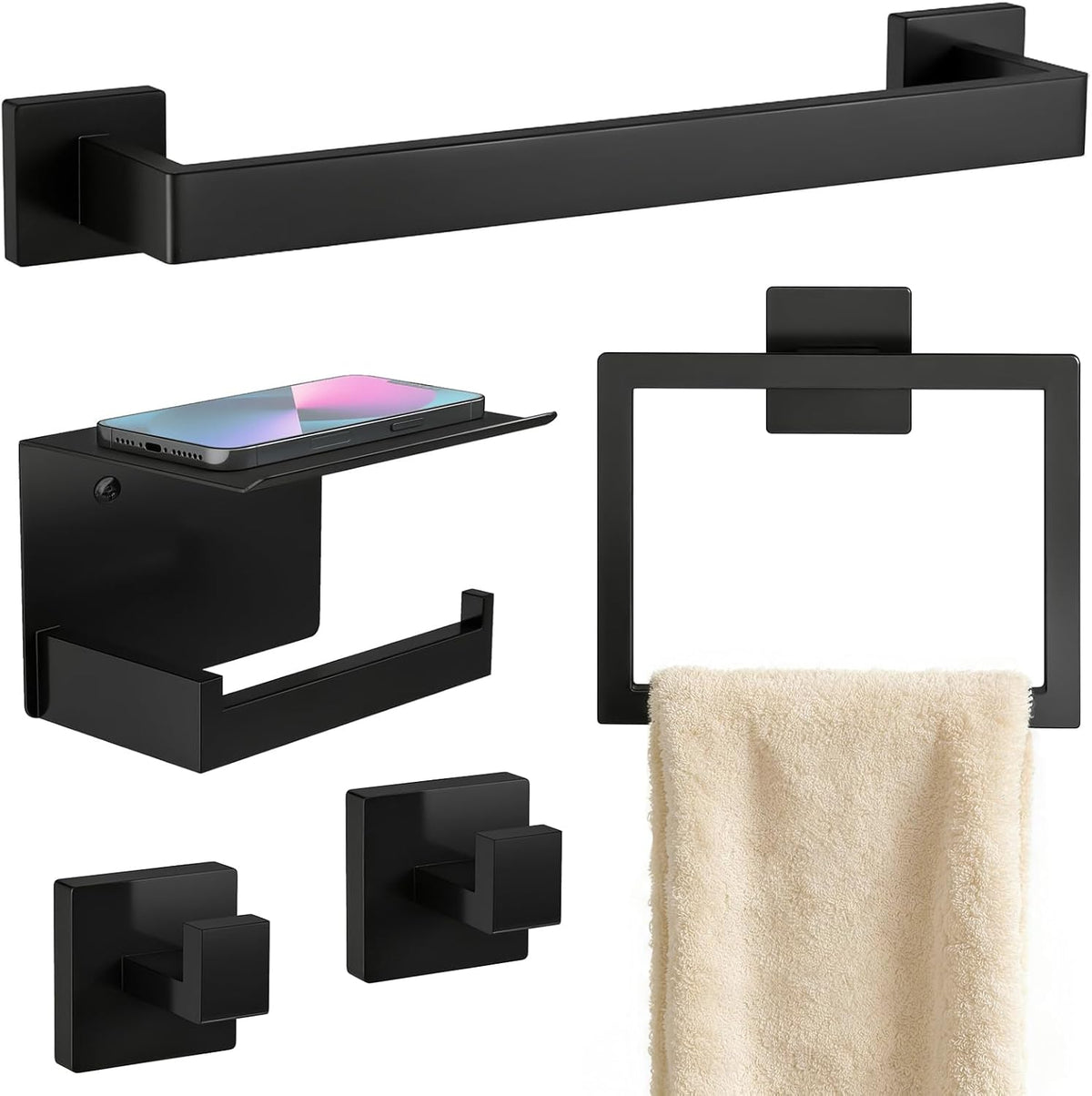 STWWO 5-Piece Matte Black Bathroom Accessories Hardware Set