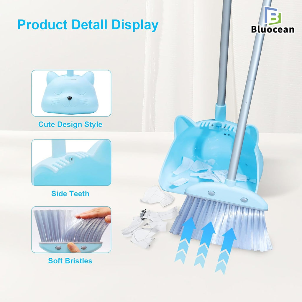 28'' Kids Mini Broom and Dustpan - Toddler Cleaning Toy Set, Toddler Household Helper, Parent-Child Interactive Play Cleaning Tool, Cute Cartoon Design, Small Safe Corner Broom (Blue)