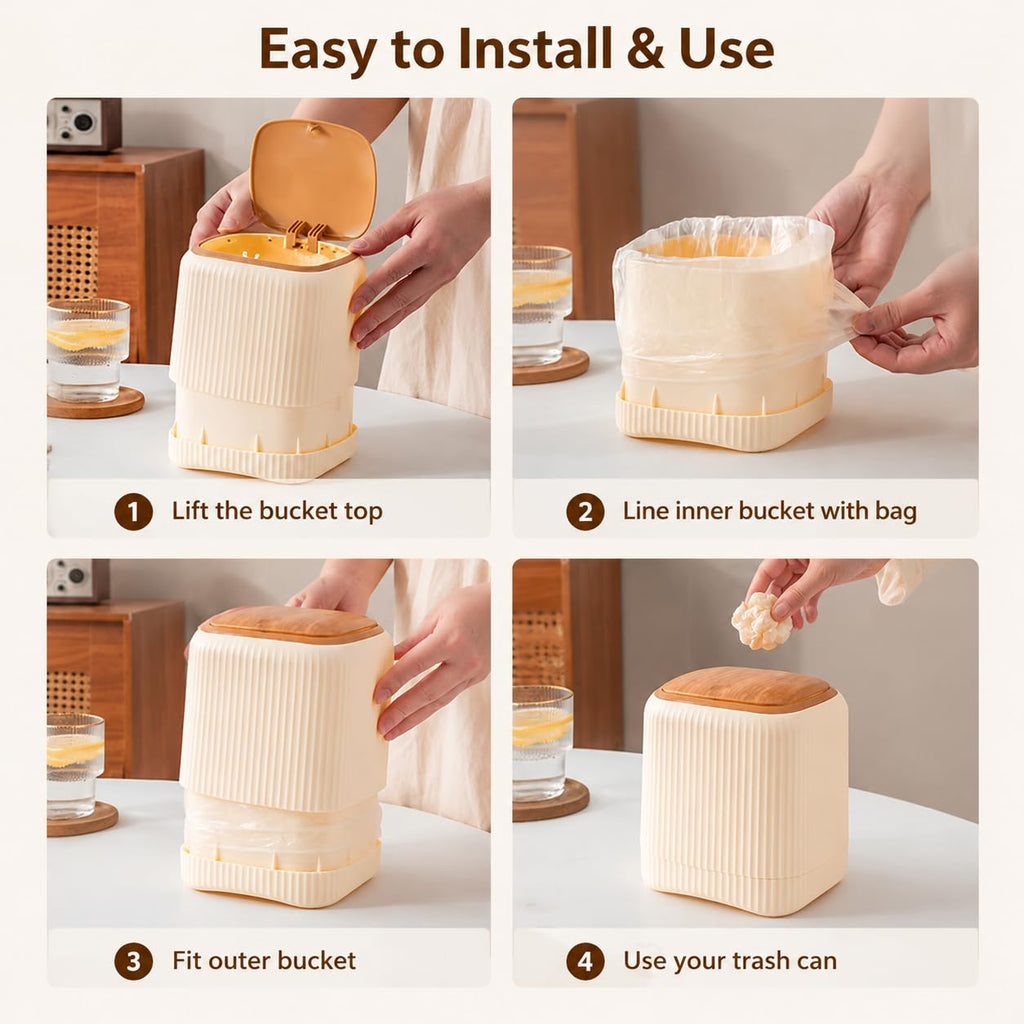 Mini Trash Can with Lid, Mini Desk Trash Can for Kitchen, Bedroom, Office, Mini Garbage Can for Countertop, Presh Top with 30 Trash Bags, Yellow