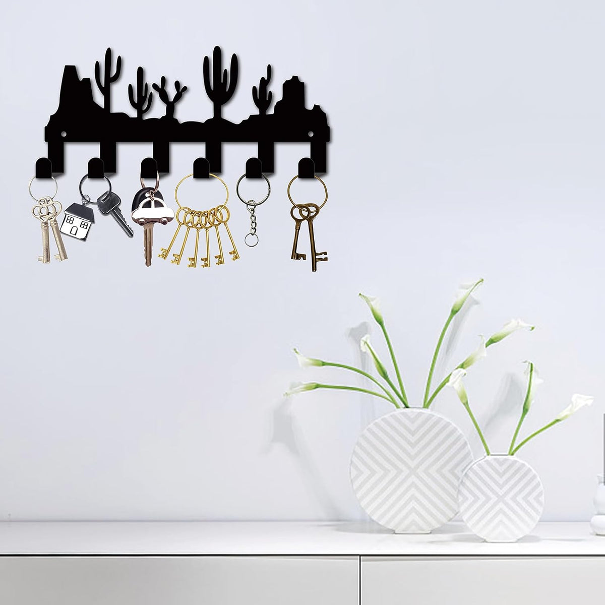 CREATCABIN Cactus Black Metal Wall Mounted Key Hooks Holder with 6 Hooks - Key Hanger Organizer Rack Wall Decor for Entryway Front Door Hallway 10.6x6.3Inch