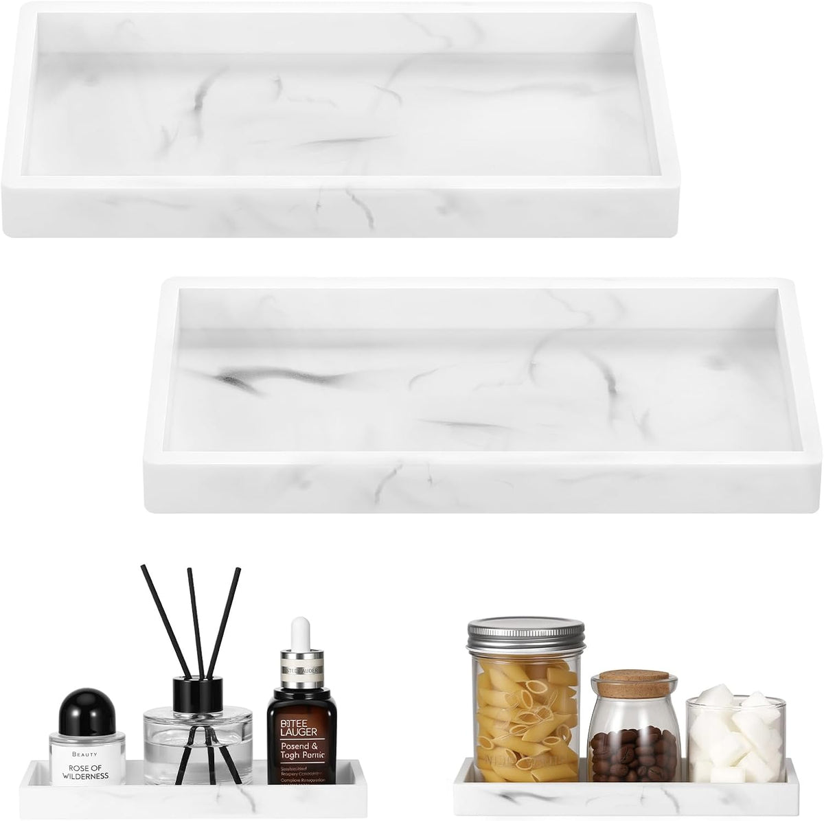 Luxspire 2 Pack Silicone Bathroom Tray 7.9" Vanity Tray, Marble White