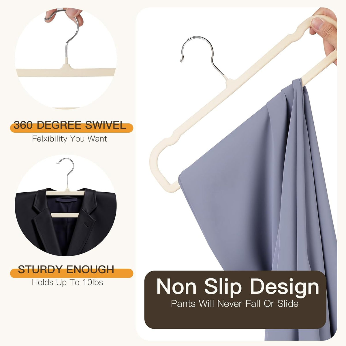 Velvet Hangers Pants Hangers 20 Pack Velvet Pant Hangers,Heavy Duty Felt Hangers for Pants,Jeans,Scarf,Towels,Tank Top,Coat.Closet Organizers and Storage（Beige）