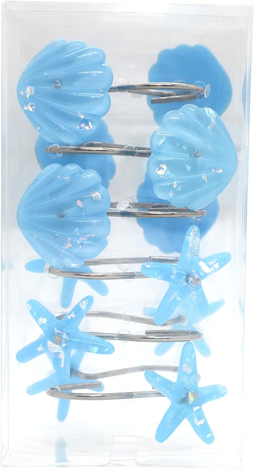Seashell Shower Curtain Hooks, 12PCS Stainless Steel Anti Rust Starfish and Seashell Decorative Shower Hooks Ocean Theme Shower Curtain Hooks for Home Bathroom (Blue Seashell)