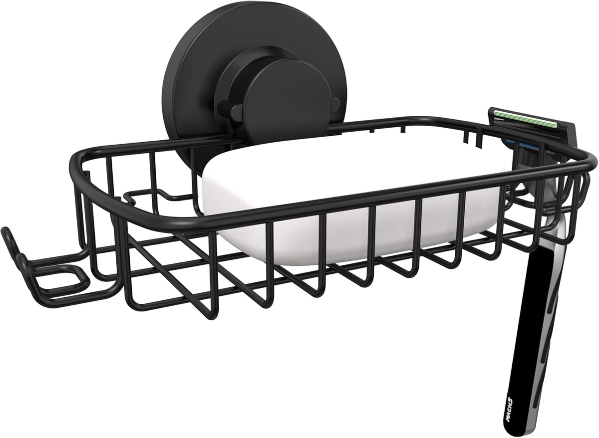 Soap Dish for Shower Suction Cup Powerful Vacuum System Rustproof 304 Stainless Steel Basket Sponges Holder with Razor Hooks for Bathroom or Kitchen Soap Holder (Black)
