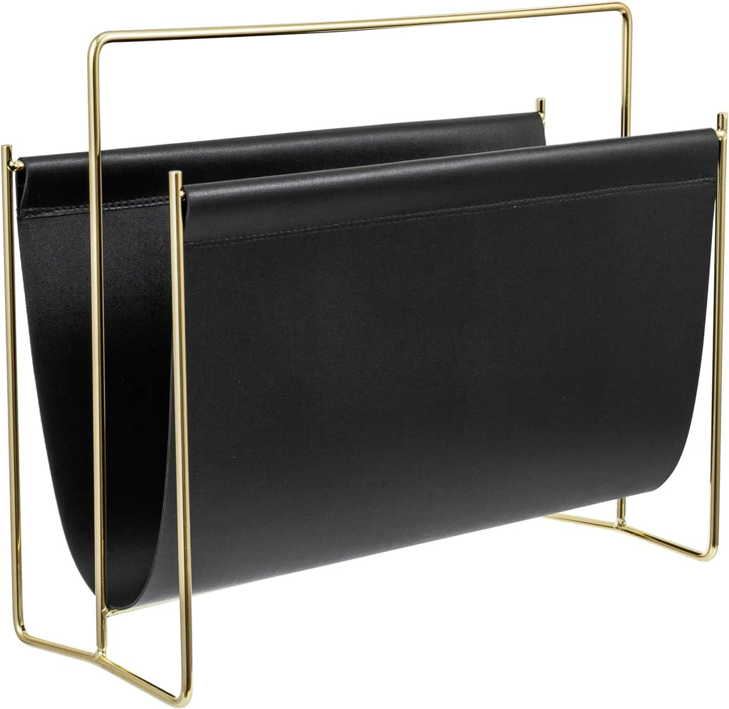 MyGift 15 Inch Black Leatherette Magazine Holder, Brass Metal Floor Rack