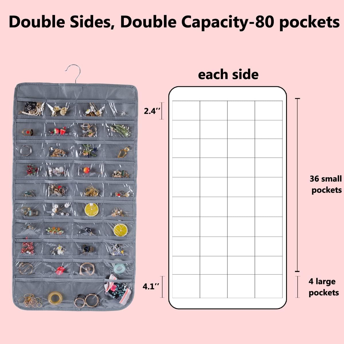 Bloss Hanging Jewelry Organizer With 80 Pockets Jewel Hanger For Jewelry Earring Storage Hanging Pocket Organizers Earring Holder Organizer for Mothers Day Gifts-Gray