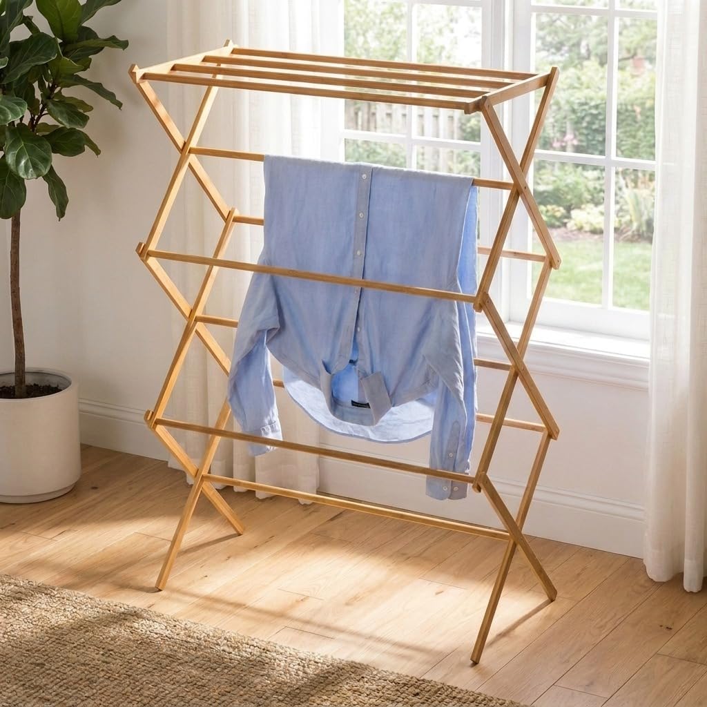 Household Essentials Bamboo Folding Clothes Drying Rack, Upscale Laundry Rack with 11 Dowels, Environmentally Friendly, Stable Frame, Shelf for Drying Flat